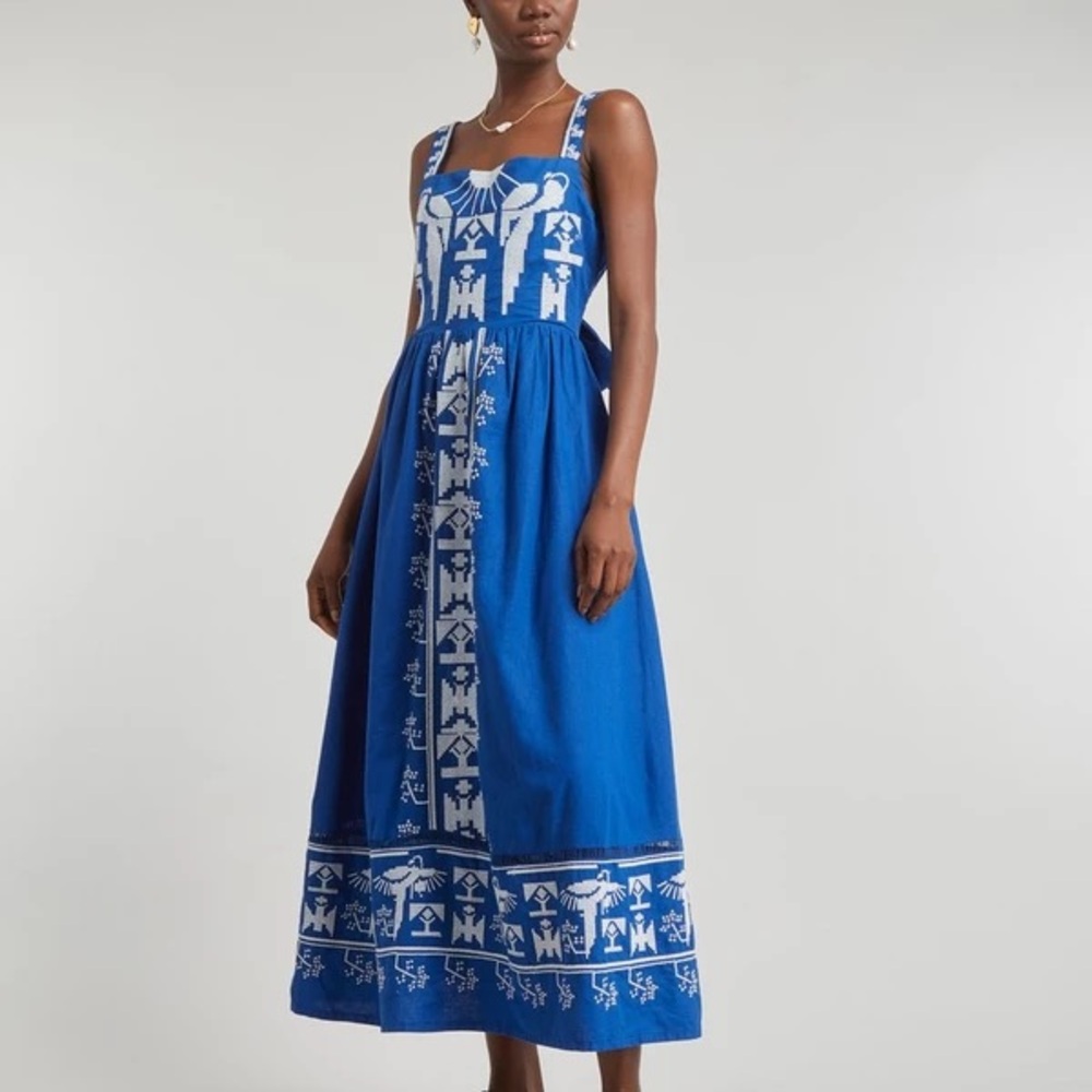 FARM RIO ANTHROPOLOGIE NWOT MACAW EMBROIDERED MAXI BLUE DRESS XS
